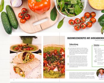 Fotomontage bestehend aus einer Seite des Kochbuchs umrahmt von verschiedenem Gemüse
